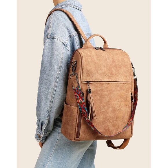 Women Camel Brown Suede Style Backpack Designer 15.6 inch PU Leather Laptop Bag - Picture 7 of 9